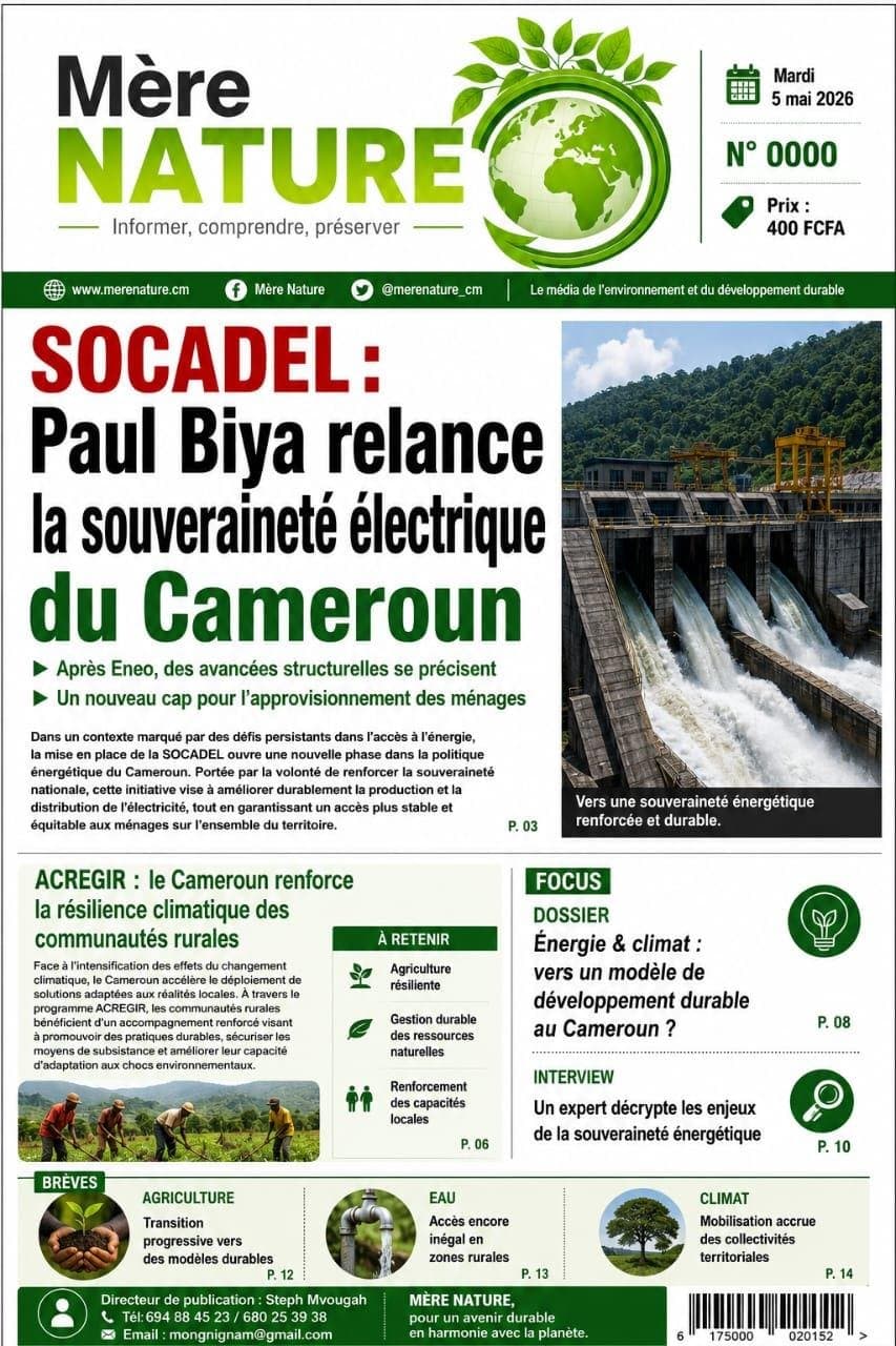 Une du journal Mère Nature N° 0000, mardi 5 mai 2026 : « SOCADEL : Paul Biya relance la souveraineté électrique du Cameroun »