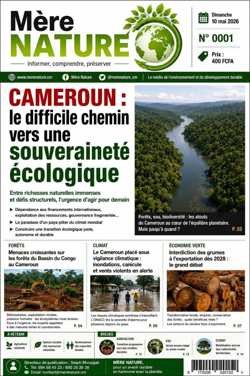 Une du journal Mère Nature N° 0001, dimanche 10 mai 2026 : « Cameroun : le difficile chemin vers une souveraineté écologique »